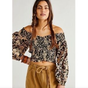 Free People Black Floral Off-Shoulder Top
